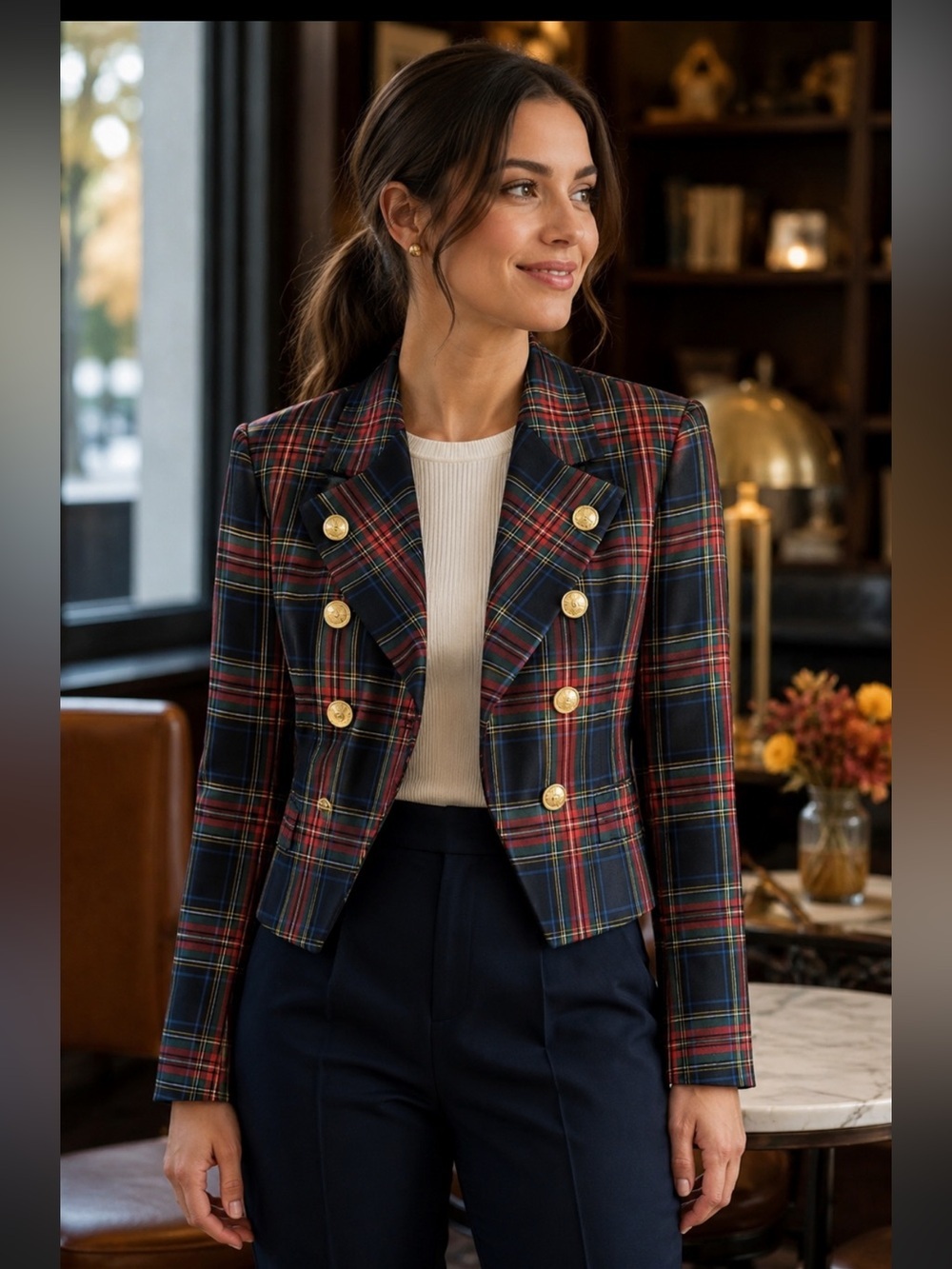 Rafaella Girls Red and Navy Plaid Double-Breasted Jacket with Gold Buttons